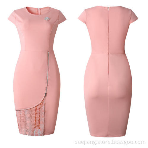 Short Sleeve Office Women Lacey Pencil Midi Dresses